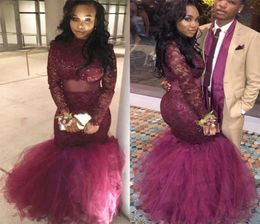 Plus Size Mermaid Prom Dresses High Neck Beaded Long Sleeves Lace Tulle Floor Length Burgundy Wine Red Graduation Party Dresses2916803