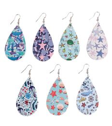 Selling Print Starfish Turtle Teardrop Pu Leather Hook Earrings for Women Beach Water Drop Octopus Dangle Earrings Summer Jewe7459630