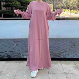 Ethnic Clothing Under Abaya Inner Long Slip Dress Solid Color Smocked Cuffs Islamic Clothing Muslim Woman Casual Dubai Turk Modest Hijabi Robe d240419