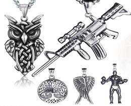 Retro ancient silver hip hop Necklace jewelry set Stainless steel motorbike Gun owl angel wing tree of life pendant necklaces with9336421