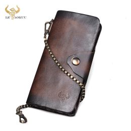 Wallets 2021 Male Real Thick Leather Coffee Chequebook Business Card Holder Chain Organiser Long Men's Wallet Purse Design Clutch 001