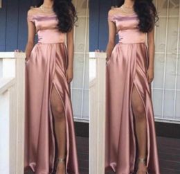 Sexy High Split Pink Evening Dresses Off Shoulder Satin Saudi Arabia Vestidos De Festa Long Party Dress Prom Formal Pageant Celebr3166913