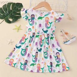 Girl's Dresses Summer Dress for Girls Lovely Cartoon Animal Mermaid Flying Sleeve Kids Dresses Cotton Ruffles New Toddler Girl Clothes 1-7Y d240423