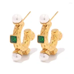 Stud Earrings INS French Style Green Glass Stone Imitation Pearl Texture Stainless Steel C Hoop For Women Waterproof Jewelry Gift