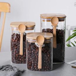 Storage Bottles Square Thicken Coffee Beans Jar Transparent Airtight Glass Grain Container Tank With Wooden Sealed Lid For Kitchen