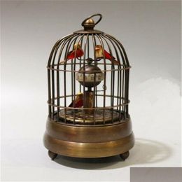 Arts And Crafts Collectible Decorate Old Handwork Copper Two Bird In Cage Mechanical Table Clock309P Drop Delivery Home Garden Dhjar