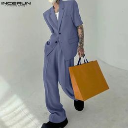 INCERUN Korean Style Handsome Men Casual Sets Short Sleeve Suit Coat Long Pants Fashion Solid Male Two Piece Sets S-5XL 240417