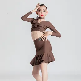 Stage Wear Kids Performance Split Suit Brown Long Sleeves Crop Top Skirts Girls Salsa Samba Chacha Ballroom Dance Clothes SL6218