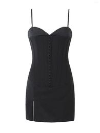 Casual Dresses American Sexy High Slit Black Camisole Short Skirt Fishbone Off-Shoulder Drawstring Slim-Fit Slim Fit Dress