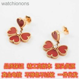 Womens Top Grade Vancelfe Original Designer Earrings Seiko High Edition Original Silver Small Red Heart Petals Four Jewelry with Logo