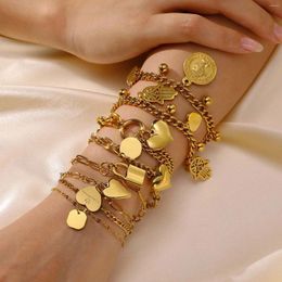 Link Bracelets 2024 Amulet Hamsa Hand Of Fatima On Gold Colour Women's Bracelet Stainless Steel Islamic Lucky Jewellery Gift