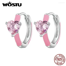 Hoop Earrings WOSTU Real 925 Sterling Silver Pink Heart Zircon Lovely Cindy Color Oil Printed Ear Clips Earring Girl Party Gift