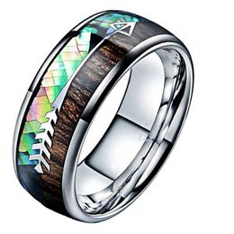 Baosheng Silver Inlaid Wood Grain Natural Color Shell Mens Titanium Steel Fashion Fishbone Arrow Ring Jewelry