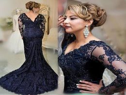 2019 Long Sleeves Navy Blue Evening Dress Mermaid Applique Lace Women Lady Wear Prom Party Dress Formal Event Gown Mother Of The B1475939
