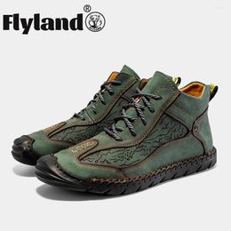 Casual Shoes FLYLAND Leather Handmade Retro Ankle Boots For Men Breathable Flats Moccasins Lace-Up Botas Hombre