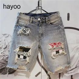 Mens Korean style ripped Personalised inner lining washed denim shorts summer stitching five-point jeans 240412