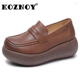 Casual Shoes Koznoy 6cm 2024 Retro Ethnic Sewing Genuine Leather Platform Wedge Mom Spring Autumn Comfy Women Round Toe Leisure Slipon