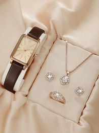 Wristwatches 5PCS Set Women Gift Box Watch Ring Necklace Earring Rhinestone Fashion Wristwatch Casual Ladies Watches Clock Montre Femme