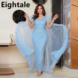 Party Dresses Eightale 2024 Glitter Sky Blue Mermaid Evening Feathers Long Tulle Cape Sleeves V Neck Dubai Arabic Formal Gown