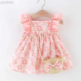 Girl's Dresses 2-Piece/Set Free Woven Bag Girls Dress Summer Flying Sleeves Flower Bow Pastoral Style Dress 0-3 Years Old d240419