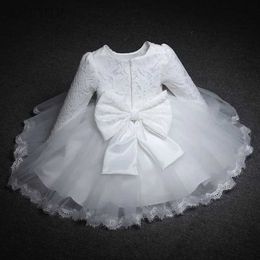 Girl's Dresses Baby Girls Long Sleeve Dresses for Party Wedding Lace Big Bow Dresses Infant Girl 1st Birthday Princess White Baptism Dress d240419