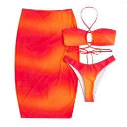 Women'S Tie Tdy Swimsuit Three Piece Sexy Sunblock Smock Dress Bikini Halter Lace Up Strap Brazilian Swimwear