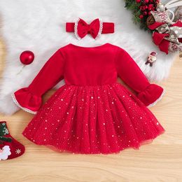 Girl Dresses Toddler Baby Christmas Outfit Flare Long Sleeve Velvet Star Sequins Tulle Tutu Dress Headband 2Pcs Set