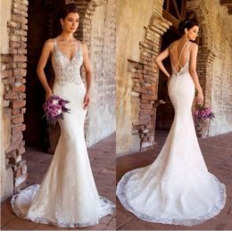 Kitty Chen 2024 Latest Mermaid Wedding Dresses Beading Sexy V Neck Lace Beach Bridal Gowns Sweep Train Wedding Dress