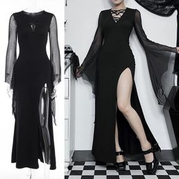 Casual Dresses Summer Spring Fashion Goth Women Dress Split Long Sleeve Lace Patchwork Slim Pullover Gothic Style Sexy Balck Ladies