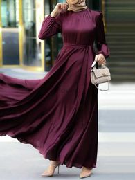 Ethnic Clothing Fashion Muslim Dress Women Satin Party Sundress ZANZEA Puff Sleeve Maxi Vestidos Belted Female Solid Marocain Turkish Robe Femme d240419