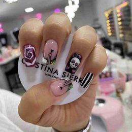 False Nails New Halloween False Nails Cute Skull Batch Pattern Design French Press On Nail Patch Wearable Full Cover Artificial Nail Tips Y240419