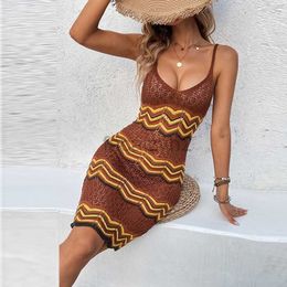 Basic Casual Dresses Designer Dress Hollow striped suspender long dress 2024 summer sexy slim fit V-neck knitted dress