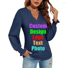 Women's T Shirts 2024 V-Neck Splicing Loose Autumn Solid Colour Tops Women Long Sleeve T-Shirt Custom LOGO