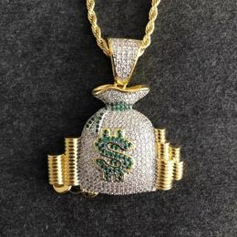 Iced Out Dollar Money Bag Necklace Shiny Cubic Zircon Wallet Pendant Men Women Hip Hop Rock Rap Cool Jewelry 240323