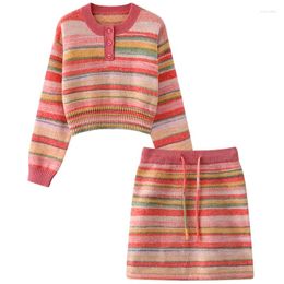 Work Dresses Two Pieces Women Knitting SKirt Sets Colourful Striped Long Sleeve O-neck Soft Sweater High Waist A-Line Mini 2pcs Suits