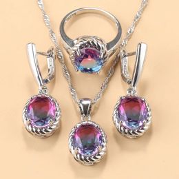 13-Colors Stone 925 Silver Bridal Jewelry Sets Wedding Ring Costume Earrings Pendant Chain Necklace For Women Christmas Gift 240419