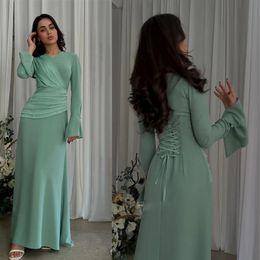 Green A Line Women Prom Dresses V Neck Long Sleeve Long Party Gown Ruched Corset Back Saudi Arabia Evening Wear