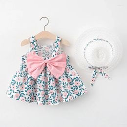 Girl Dresses 2pcs Summer Baby Girls Beach Princess Dress Cute Bow Flowers Sleeveless Cotton Toddler Sunhat Born Clothing Set