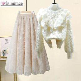 Work Dresses Large Women's Autumn Suit 2024 South Korea's Semi Senior Knitwear Sweater Lace Skirt Two-piece Elegant