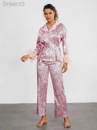 Women's Sleep Lounge wsevypo Womens Pyjama Sets Floral Print Satin Lounge Wear Outfit Spring Summer Feathers Trim Long Sleeve Kimono Robe Tops+Pants d240419