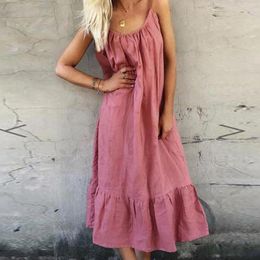 Casual Dresses Sleeveless Swing Dress Suspender Outfits Female Summer Solid Loose Ruffle Hem Beach Sling