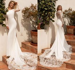 Modest Mermaid Wedding Dresses Boho Garden Satin Long Sleeves 2024 Lace Apliqued Jewel Neck Bridal Gowns Buttons Back robes de Mariee YD