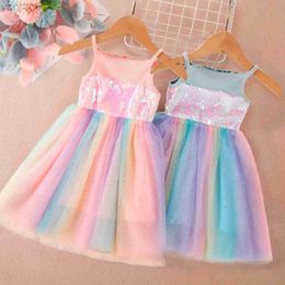 Girl's Dresses Little Girls Summer Dress for Kids Rainbow Mesh Unicorn Dress Sling Tutu Princess Birthday Children Clothing Girl Casual Dress d240423