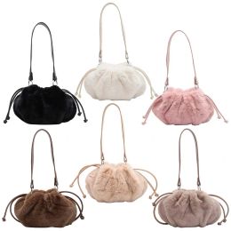 Hobos Women Cloud Drawstring Bag Soft Plush Versatile Purse Faux Fur Simple Furry Bags Solid Color Female Winter Daily Bag