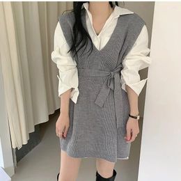 Casual Dresses Korean Fashion Sleeeveless Knitted For Women V-neck Lace -up Knit Mini Vest Dress Vintage Knitwear Sundress