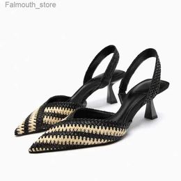 Sandals TRAF weaves striped sandals for women in the summer of 2024. Casual middle heel strap patch work point toe thin high heel womens shoes Q240419