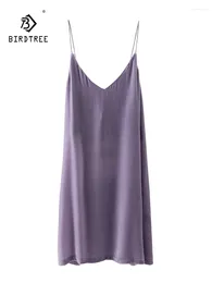 Women's Sleepwear BirdTree 20%Real Silk Velvet Elegant Pajama Dress Women Solid Spaghetti Strap Sexy Casual Nightwear 2024 Summer P432118QC
