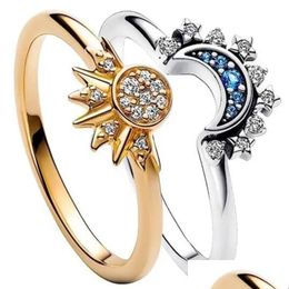 Band Rings 2Pc/Set Summer Couple Ring Set Sky Blue Sparkling Moon And Sun 2023 New Womens Stackable Finger Engagement Jewelry Drop De Dhshb