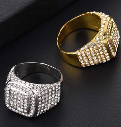 HIP Hop Bling Iced Out Square Crystal Ring Gold Color Stainless Steel Wedding Rings For Men Jewelry US Size 6108893991