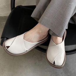 Slippers White Soft Leather Women Casual Cross Strap Outside Footwear Vintage Leisure Mules Shoes Brown Lady Slides